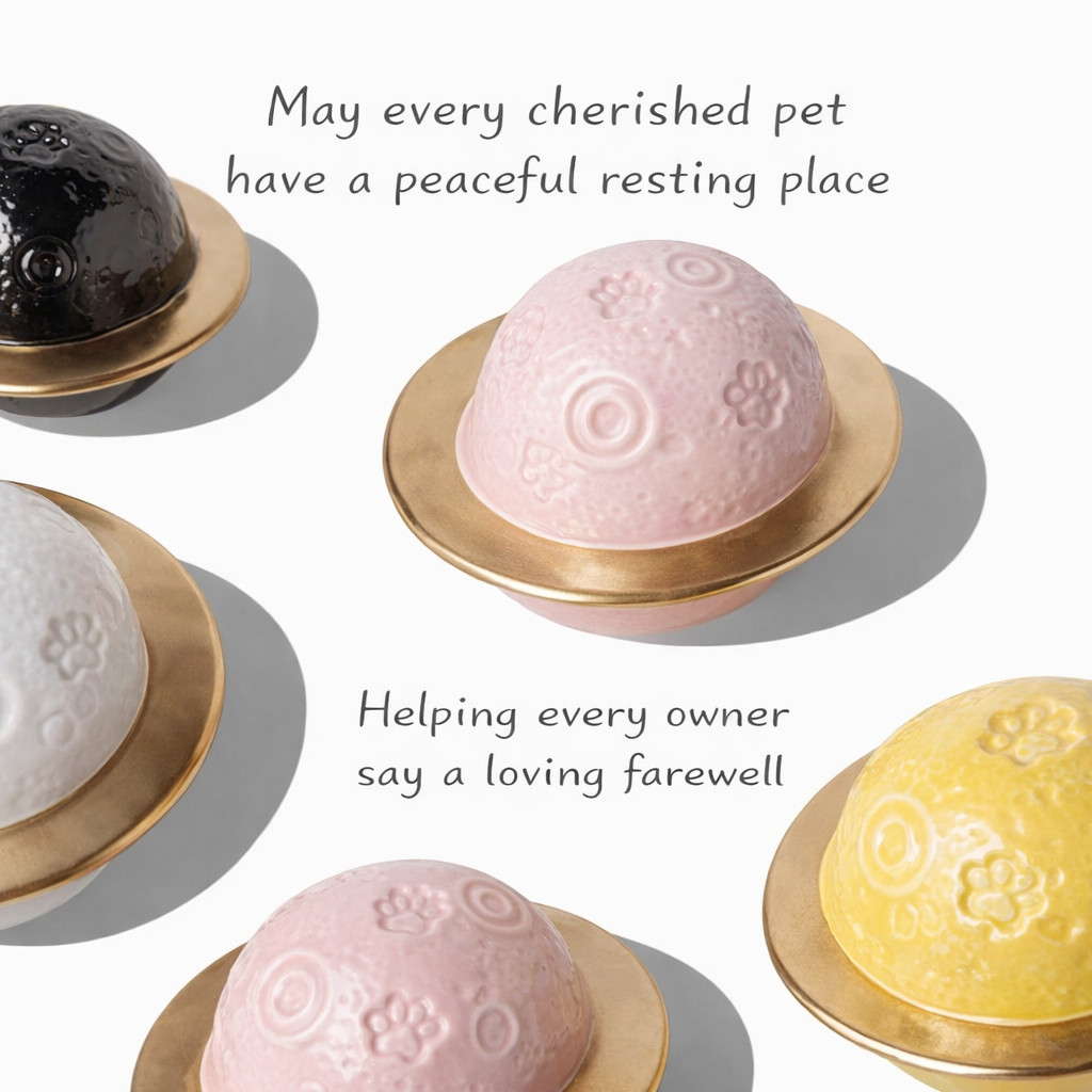 Planet‑Shaped Ceramic Pet Urn – Sealed Memorial Ashes Jar with Ring Base for Dogs & Cats