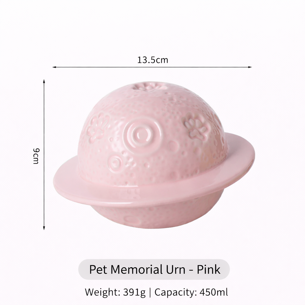Planet‑Shaped Ceramic Pet Urn – Sealed Memorial Ashes Jar with Ring Base for Dogs & Cats