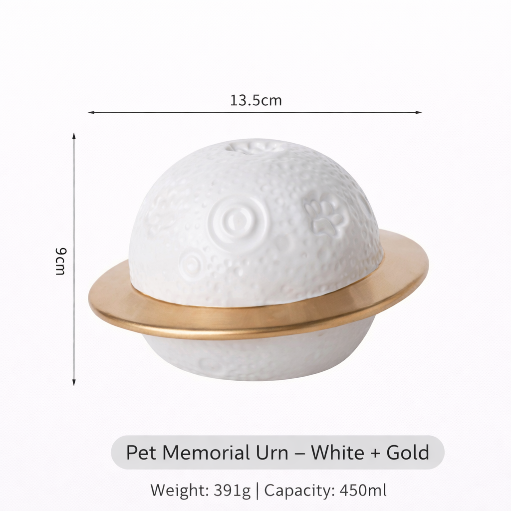 Planet‑Shaped Ceramic Pet Urn – Sealed Memorial Ashes Jar with Ring Base for Dogs & Cats