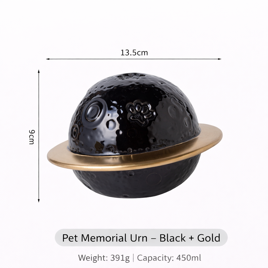 Planet‑Shaped Ceramic Pet Urn – Sealed Memorial Ashes Jar with Ring Base for Dogs & Cats