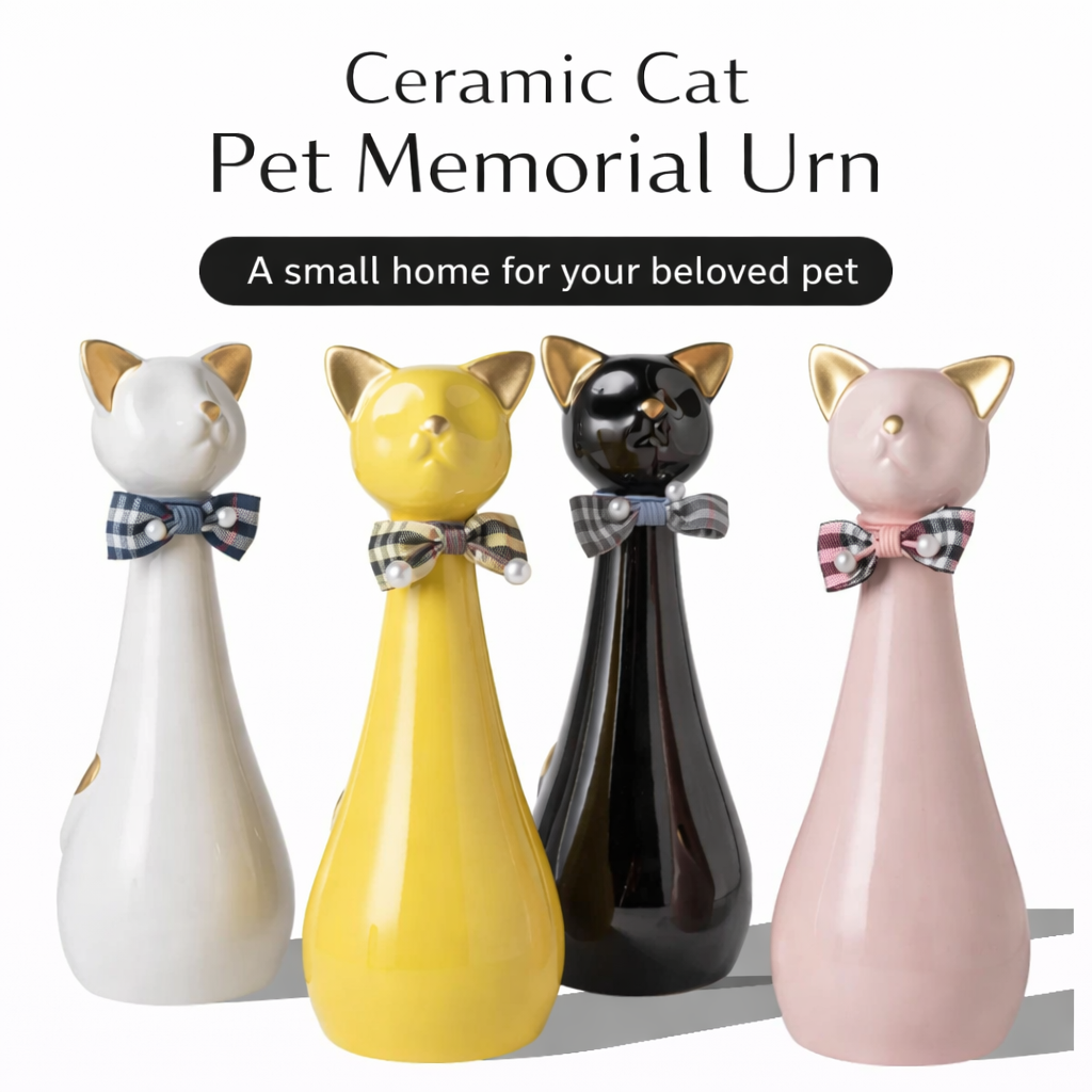 Tall Ceramic Cat‑Shaped Pet Urn with Bow – Sealed Memorial Ashes Jar for Cats & Small Pets