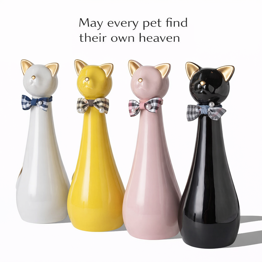 Tall Ceramic Cat Memorial Urn with Bow
