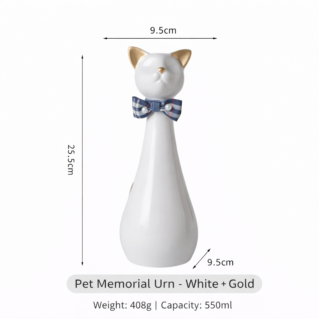 Tall Ceramic Cat Memorial Urn with Bow