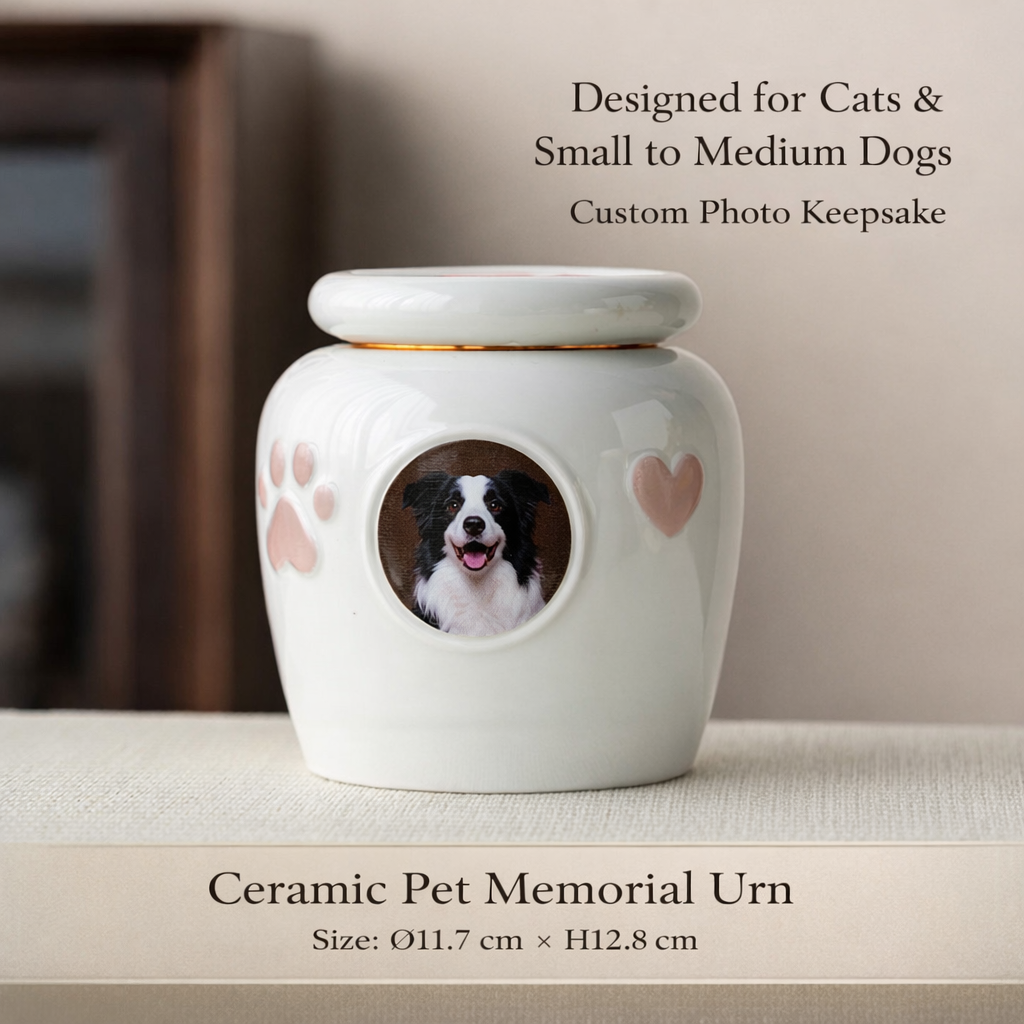 Personalized Cute Ceramic Pet Urn with Photo – Memorial Ashes Jar for Cats & Dogs