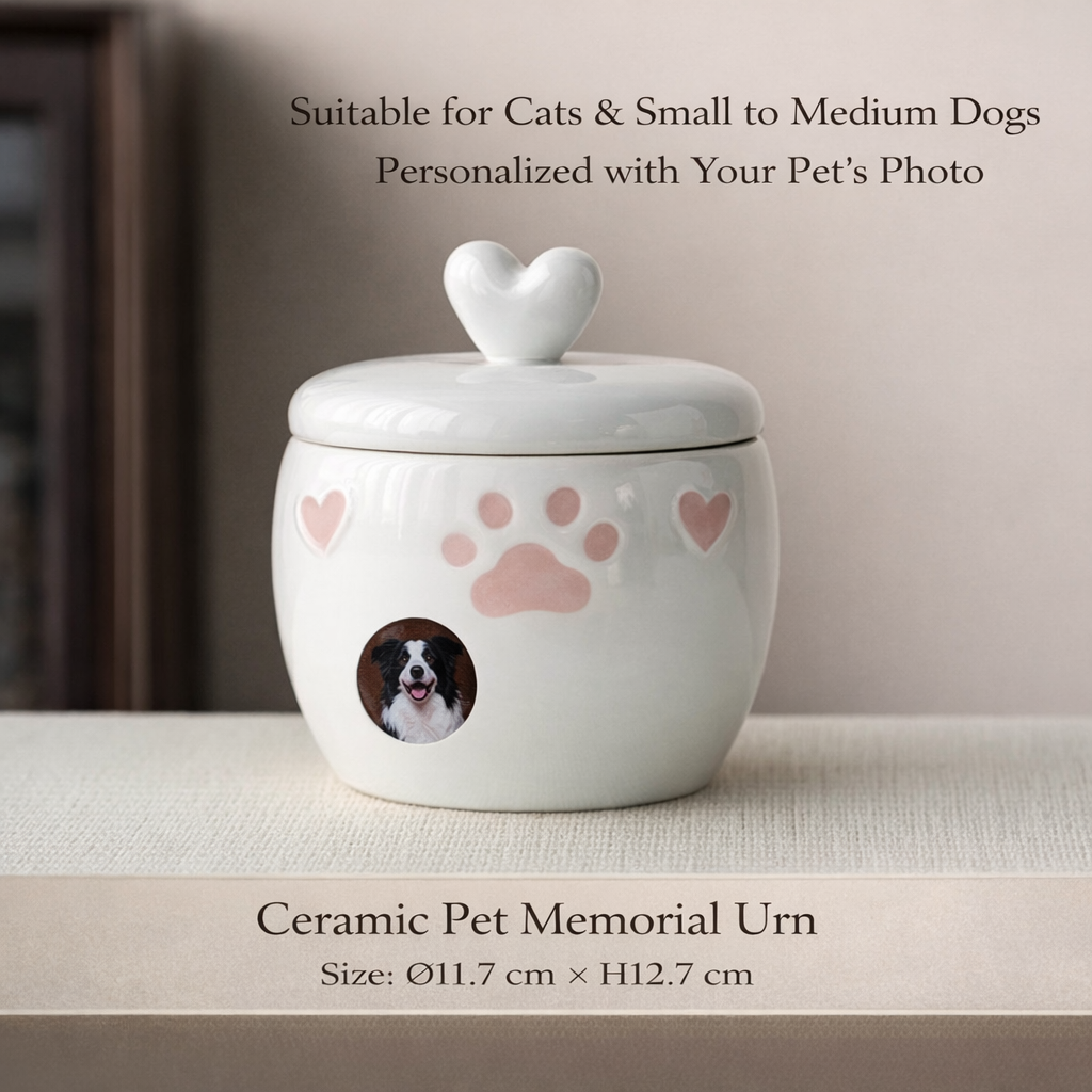 Personalized Cute Ceramic Pet Urn with Photo – Memorial Ashes Jar for Cats & Dogs