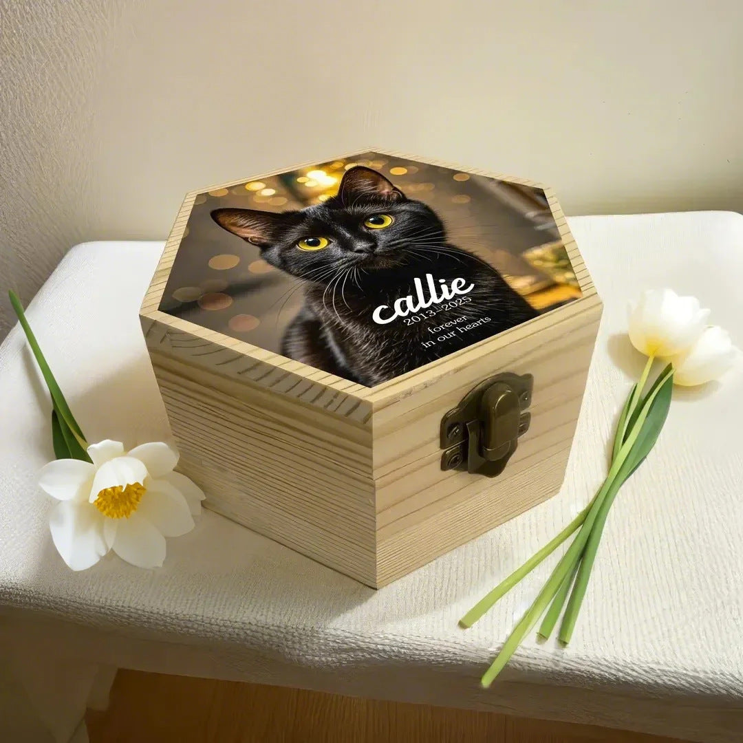 Personalized Wooden Pet Memorial Urn Box – Custom Photo Keepsake for Cats & Dogs